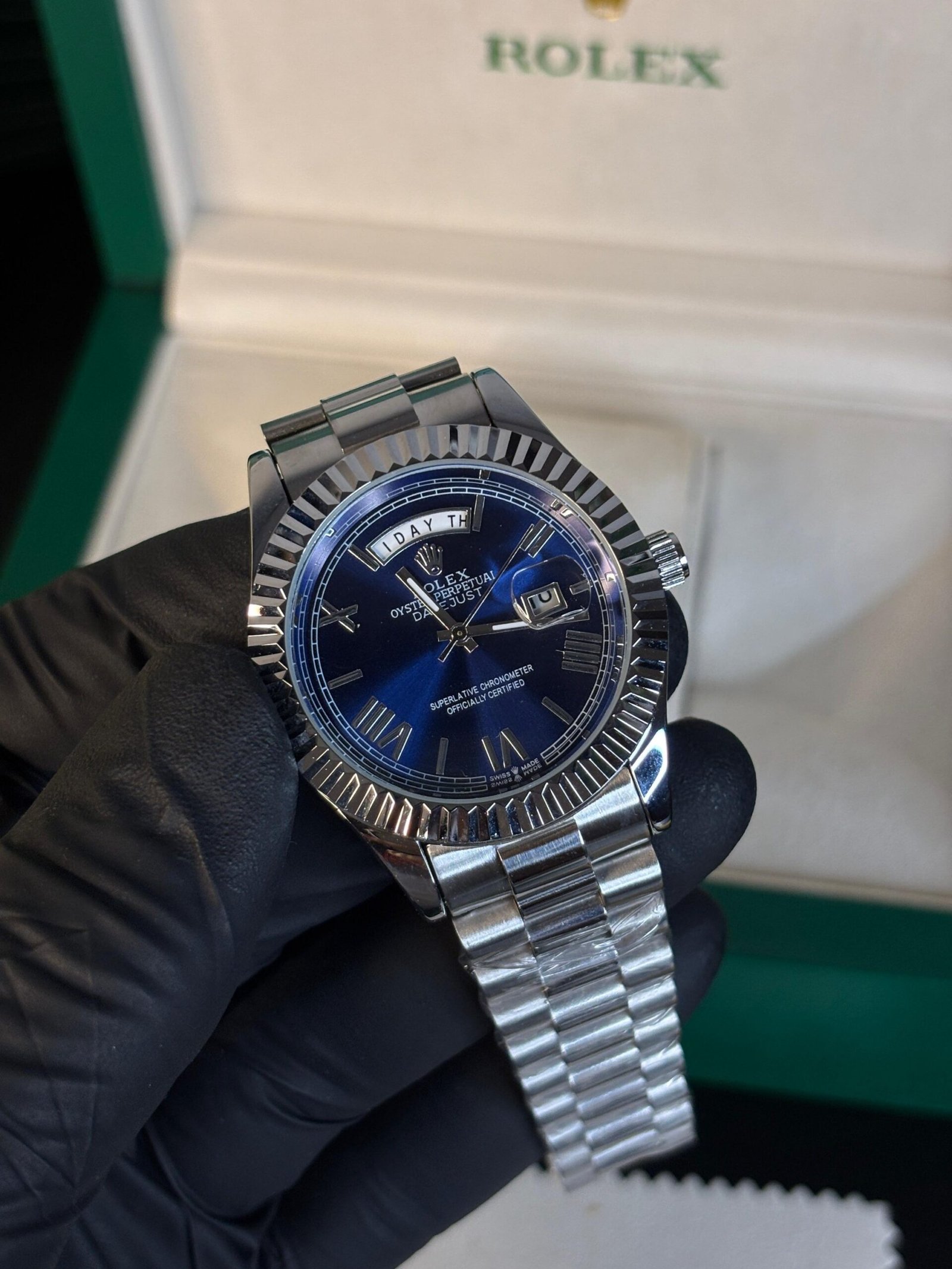 Rolex Oyster Perpetual Day Date Roman Silver-Blue Dial - Image 3