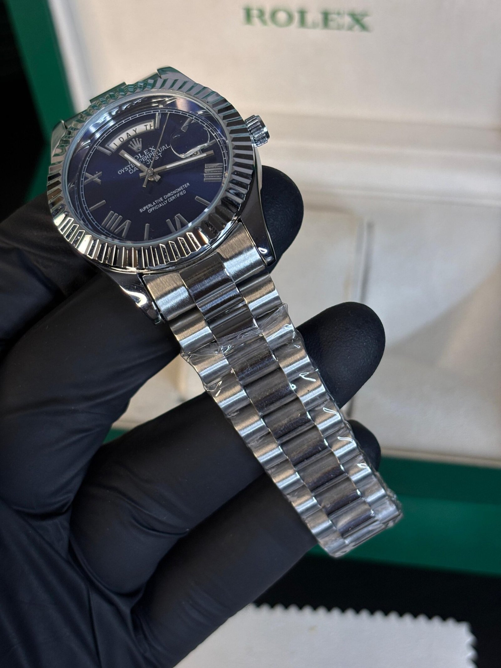 Rolex Oyster Perpetual Day Date Roman Silver-Blue Dial - Image 6