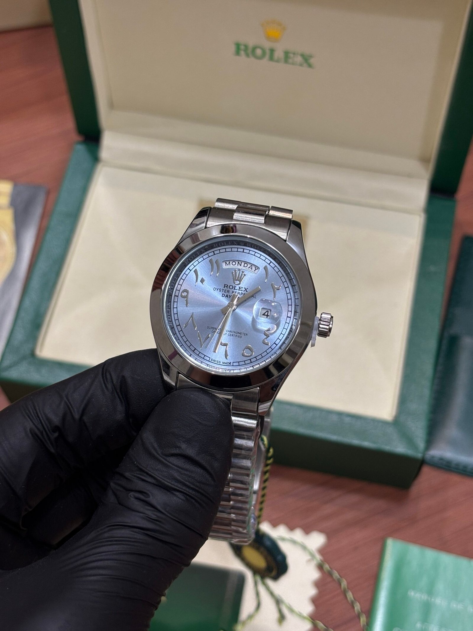 ROLEX OYSTER PERPETUAL DAY DATE SILVER BLUE ARABIC DIAL - Image 2