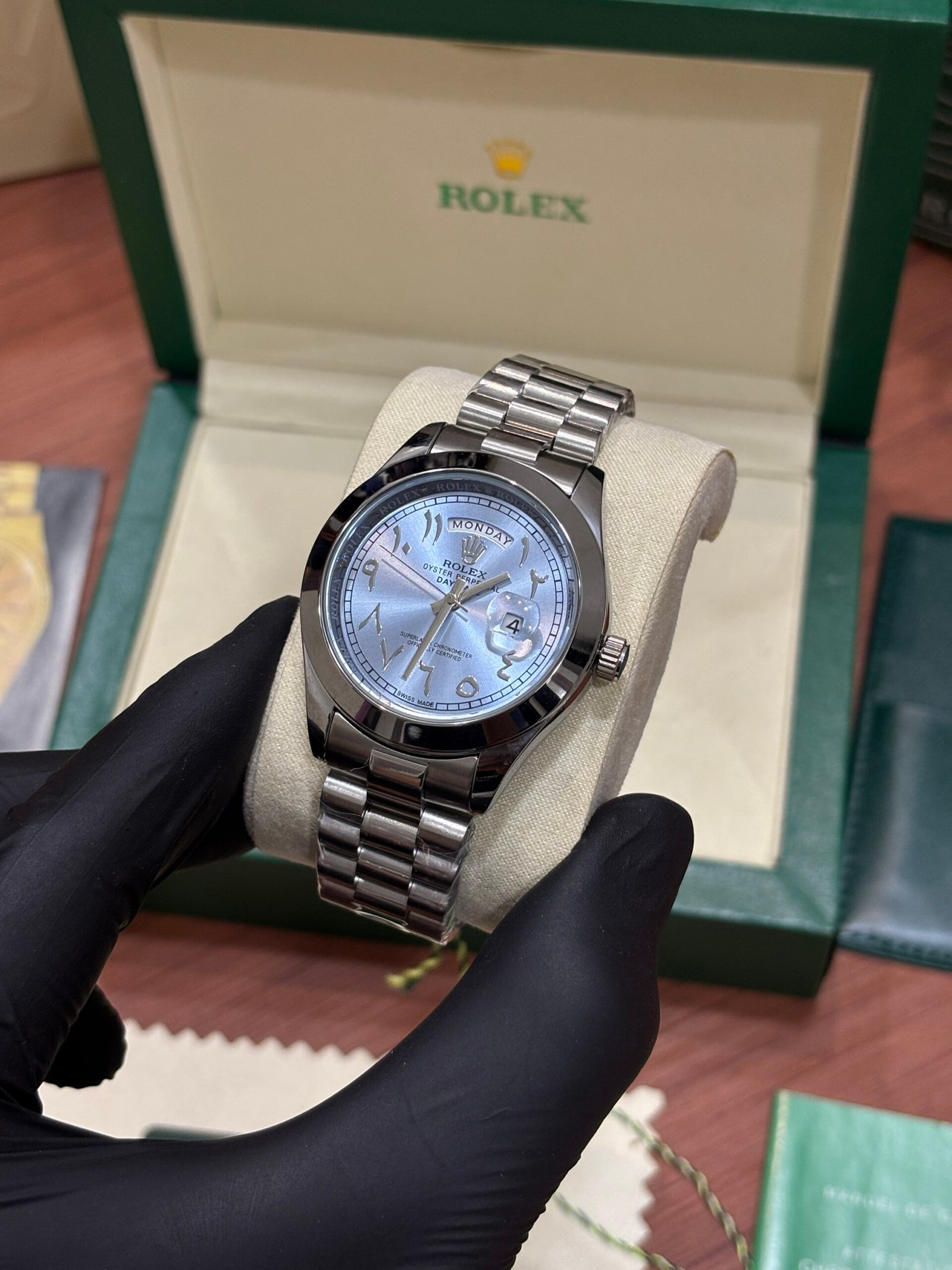 ROLEX OYSTER PERPETUAL DAY DATE SILVER BLUE ARABIC DIAL